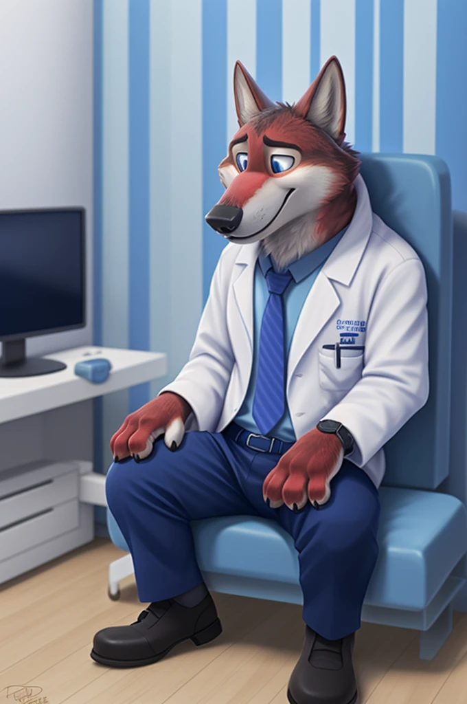 Joachim Wolfbach (Zootopia),tall handsome, wolf,young, 24 years, brown fur,(red body:1.3),Blue eyes, Moscow Dressed, red headdress,in a white medical gown,shirt pants,shoes,tie,black pantsblue, stethoscope, pediatrician,canine, wolf, detailed fur, Male, antro, paw pads, finger claws,Prays, at viewer, 5 fingers, paws, 5 fingers, smile, happy, resting, wrist watch,stethoscope,looks at the monitors, т nextel, sitting at home in the medical intensive care unit,by xenoforge, (difficult, high detail, digital, photo, soft focus, RAW, pilot by training,ulba,tender, very kind, sincere, advises, patient, детский pediatrician,holding a wolf cub,
photorealism, realistic, photorealistic, analog style, subsurface scattering,
masterpiece, Best quality, ultra realistic, 8 K)