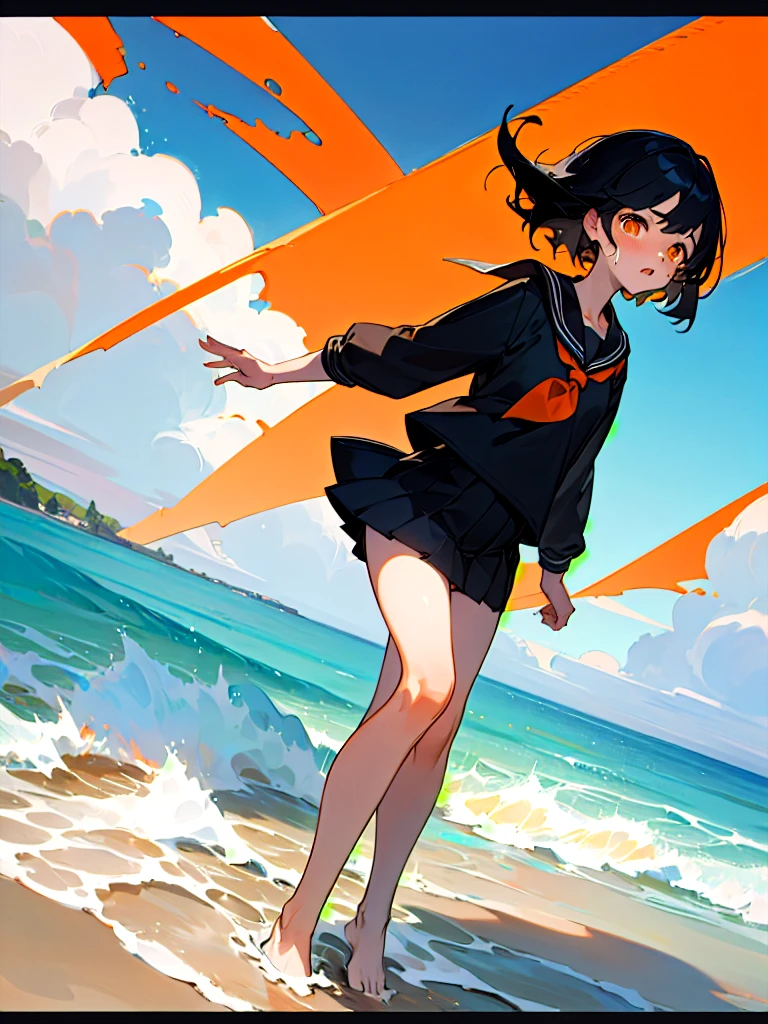 Highest quality,One Girl, Shortcuts,masterpiece, High resolution, Anatomically correct, Orange eyes,far and near method, Anime Style, Black Hair, The legs are detached from the frame, Sailor suit,Pleated skirt,Beach at night, Sunburn,Slanted Eyes, Are crying,