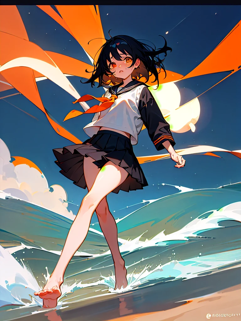 Highest quality,One Girl, Shortcuts,masterpiece, High resolution, Anatomically correct, Orange eyes,far and near method, Anime Style, Black Hair, The legs are detached from the frame, Sailor suit,Pleated skirt,Rainy morning beach, Sunburn,Slanted Eyes, Are crying, smile