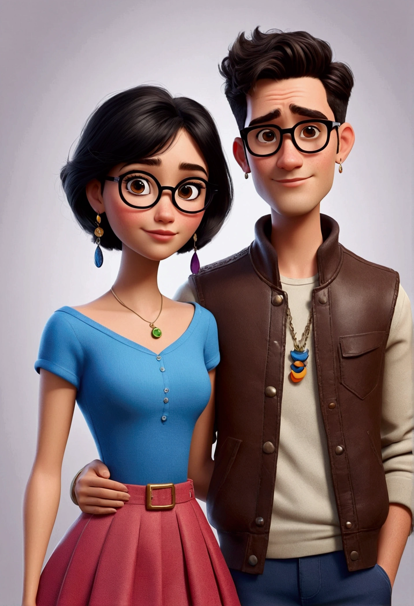 A COUPLE IN PIXAR DISNEY STYLE DRAWING, HE WITH SHORT BLACK HAIR AND TOPKET, OCULOS E stylish outfit, SHE WITH STRAIGHT DARK BROWN HAIR, WITH MAKEUP AND EARRING, stylish outfit. 