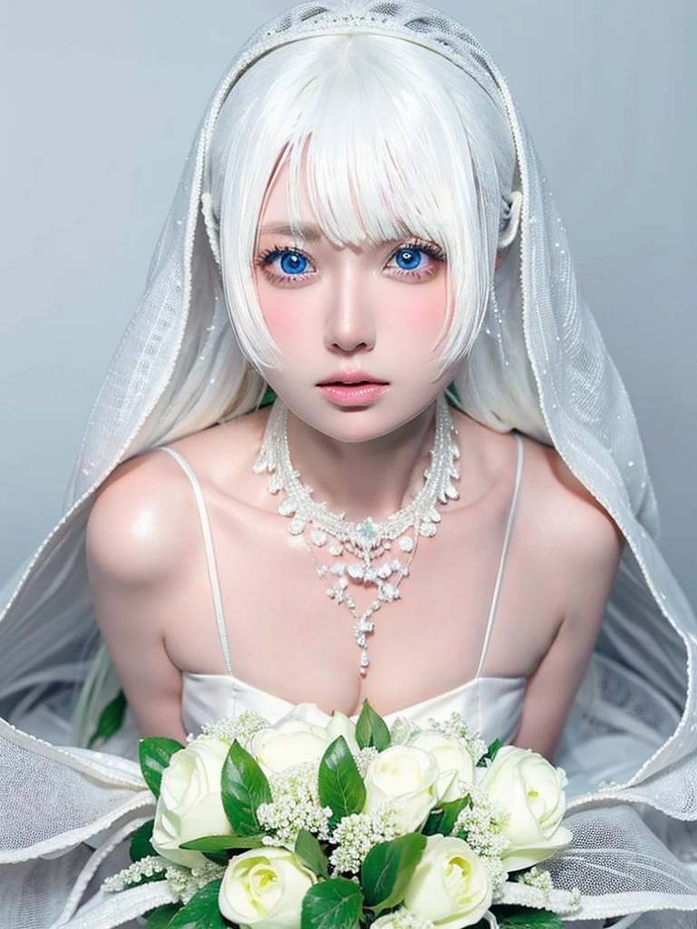 8k,Confused, High resolution, Very detailed, 1 Girl, alone, Very beautiful eyes, Ultra-precise depiction, Very detailed depiction, (Tangled:1.2), , (White high key background:1.5), (Wedding dress:1.2), See-through、Short platinum blonde, (Shiny skin), Many colors, , (Shooting from above:1.2),、Flat Body、slim、cute、、Round face、Cast a Shadow、See-through、
