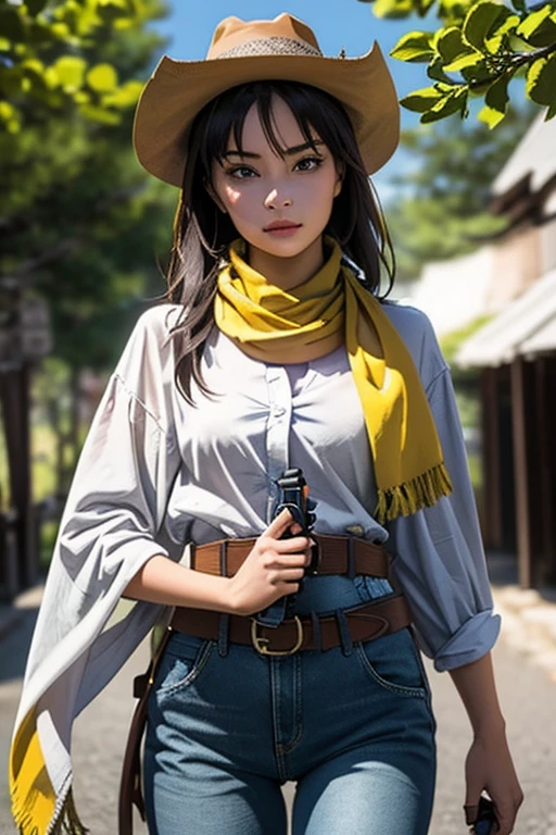 Highest quality High resolution Western Wilderness Cute girl in gunfighter clothes Ten-gallon hat Revolver pistols jeans gun belt A scarf is wrapped around the neck The background is the wilderness:1.8