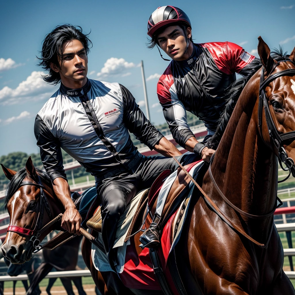 One man that is a muscular, attractive, black hair with somewhat tan skin, brown eyes, sharp jawline, thick eyebrows, racing silks outfit with bright and colorful colors: Horse race track in the background With people riding horses.