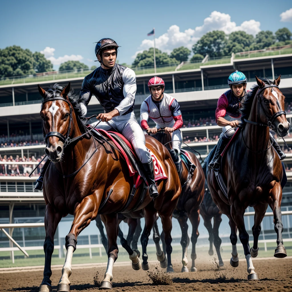 One man that is a muscular, attractive, black hair with somewhat tan skin, brown eyes, sharp jawline, thick eyebrows, racing silks outfit with bright and colorful colors: Horse race track in the background With people riding horses.