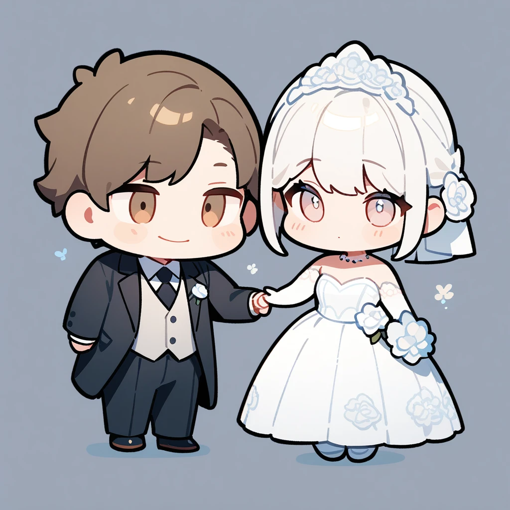 chibi style,Lovely,masterpiece, best quality, 8k, Couple(One man and one woman),Men's suits,Woman wedding dress,Clean background