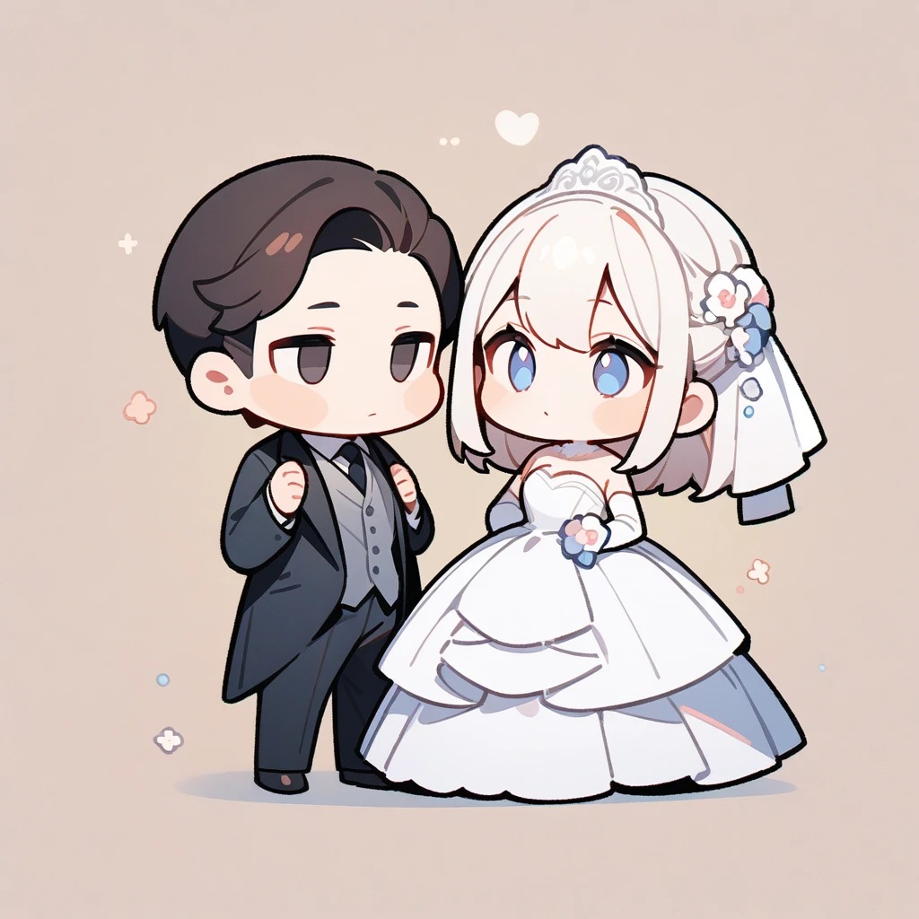 chibi style,Lovely,masterpiece, best quality, 8k, Couple(One man and one woman),Men's suits,Woman wedding dress,Clean background