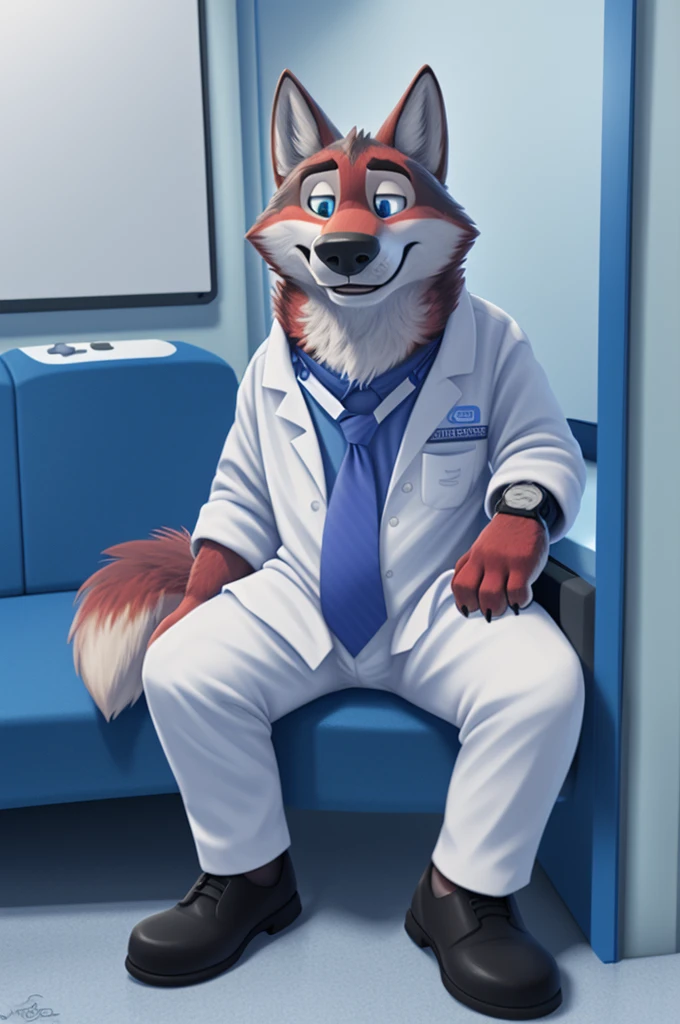 Joachim Wolfbach (Zootopia),tall handsome, wolf,young, 24 years, brown fur,(red body:1.3),Blue eyes, Moscow Dressed, red headdress,in a white medical gown,shirt pants,shoes,tie,black pantsblue, stethoscope, pediatrician,canine, wolf, detailed fur, Male, antro, paw pads, finger claws,Prays, at viewer, 5 fingers, paws, 5 fingers, smile, happy, resting, wrist watch,stethoscope,looks at the monitors, т nextel, sitting at home in the medical intensive care unit,by xenoforge, (difficult, high detail, digital, photo, soft focus, RAW, pilot by training,ulba,tender, very kind, sincere, advises, patient, детский pediatrician,holding a wolf cub,
photorealism, realistic, photorealistic, analog style, subsurface scattering,
masterpiece, Best quality, ultra realistic, 8 K)