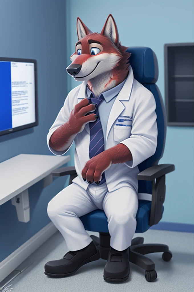 Joachim Wolfbach (Zootopia),tall handsome, wolf,young, 24 years, brown fur,(red body:1.3),Blue eyes, Moscow Dressed, in a medical gown, trousers, shirt, tie, green stethoscope, cardiac surgeon,canine, wolf, detailed fur, Male, antro, paw pads, finger claws,Prays, at viewer, 5 fingers, paws, 5 fingers, smile, happy, sitting in the office , wrist watch,stethoscope, т nextel, sitting in his office at home, by xenoforge, (difficult, high detail, digital, photo, soft focus, RAW, dct doctor, hospital, Kids toys, expecting children, 13 детская hospital имени Филатова.
photorealism, realistic, photorealistic, analog style, subsurface scattering, ecg machine, Kids toys, 
masterpiece, Best quality, ultra realistic, 8 K)