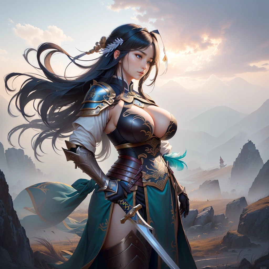 a woman in armor holding a sword and a feather, zhao yun, by Ju Lian, by Qu Leilei, chinese warrior, inspired by Shen Zhou, inspired by Li Mei-shu, by Li Zai, g liulian art style, a beautiful woman warrior, inspired by Li Rongjin, inspired by Ju Lian, beautiful character painting, xianxia hero, Highly detailed CG unit 8k wallpaper, masterpiece, High resolution, highest quality, highest quality real texture skin, Super Real, Digital Painting, Best image quality, 最High resolution, 8k, ((Highly detailed eyes and face, Beautiful eyes every detail)), profile, black hair, (Saggy breasts, Gravity-dependent breasts, long chest, Heavy chest, disproportionate breasts, huge breasts, sagging breasts, gigantic breasts,),