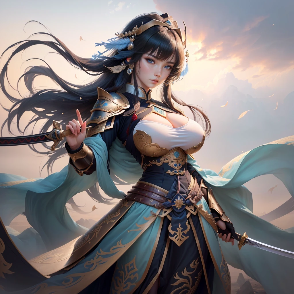 a woman in armor holding a sword and a feather, zhao yun, by Ju Lian, by Qu Leilei, chinese warrior, inspired by Shen Zhou, inspired by Li Mei-shu, by Li Zai, g liulian art style, a beautiful woman warrior, inspired by Li Rongjin, inspired by Ju Lian, beautiful character painting, xianxia hero, Highly detailed CG unit 8k wallpaper, masterpiece, High resolution, highest quality, highest quality real texture skin, Super Real, Digital Painting, Best image quality, 最High resolution, 8k, ((Highly detailed eyes and face, Beautiful eyes every detail)), profile, black hair, (Saggy breasts, Gravity-dependent breasts, long chest, Heavy chest, disproportionate breasts, huge breasts, sagging breasts, gigantic breasts,),