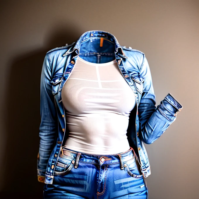 Jeans jacket with jeans pant (invisible, no humans, Headless, Faceless:1.5), cute big breasts, Ridiculous, High resolution, Super detailed, clothing details
