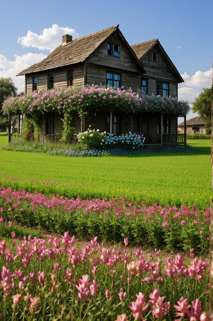 Old house in flower field