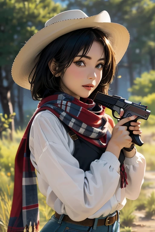 Highest quality High resolution Western Wilderness Cute girl in gunfighter clothes Ten-gallon hat Revolver pistols jeans gun belt A scarf is wrapped around the neck The background is the wilderness:1.8