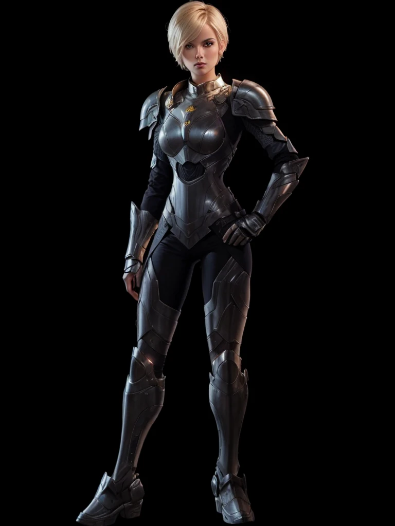 A beautiful woman, short hair blonde, with futuristic armor on the body.