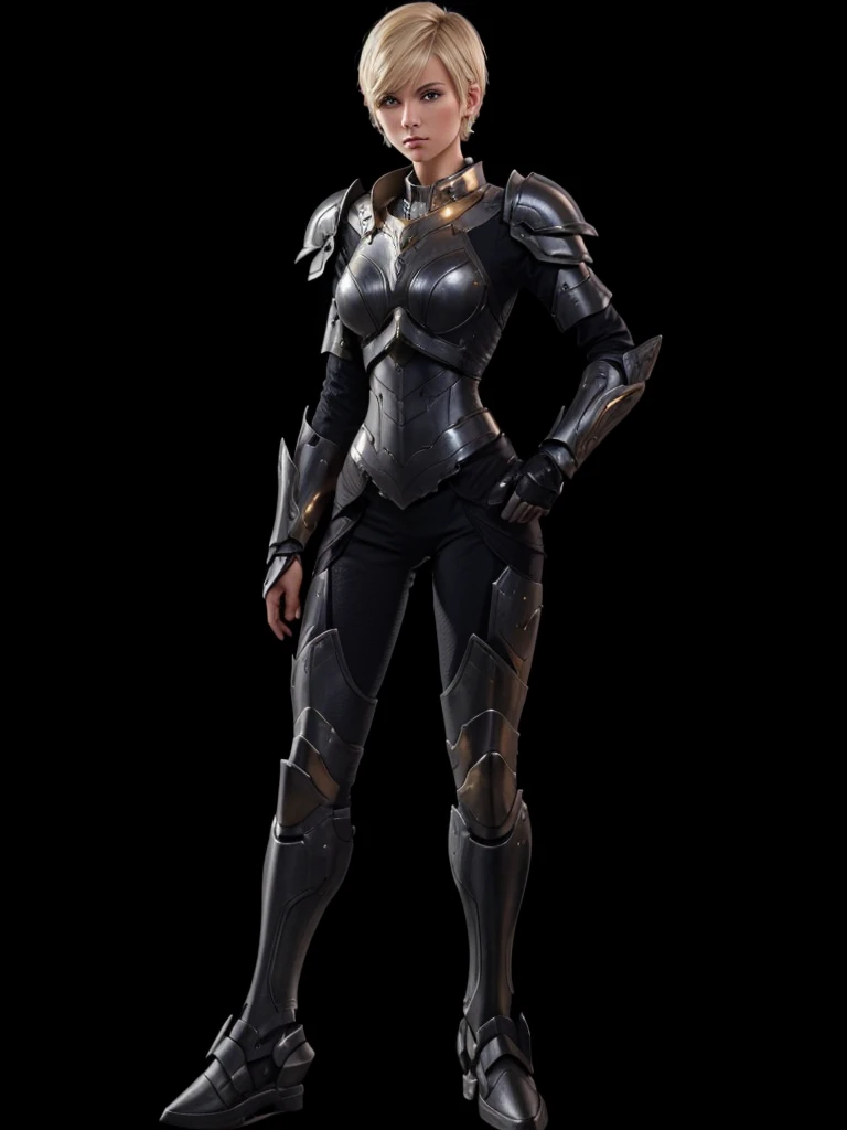 A beautiful woman, short hair blonde, with futuristic armor on the body.