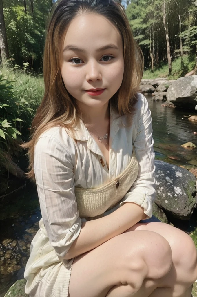 cute girl, brown hair, (full body), wearing medieval long cotton nightie clothes, sitting on a rock, feet in the water, Drenched hair, The background is a forest, sunset, (masterpiece, best quality, award winning, highres), skinny, intricate and beautiful design, highly detailed beautiful face, super detailed beautiful eyes, light smile, sitting near stream, forest, leaves flow, windy, sun lights through forest, fantasy art, dynamic lighting, cinematic lighting, hyper realistic, extremely CG detail, octane render, (artistic + masterpiece:1.4), (incredibly detailed eyes), (8k, Photorealistic, Photo RAW, Best quality: 1.4), (UHD), (Ultra high realism), (Ultra high definition), (Ultra high detail), (Realistic face), Beautiful hairstyle, Realistic bright amber eyes, Beautiful details, (Realistic skin), Pale, smooth and luminous skin with iridescent shine and no imperfections, Ultra high definition, Ultra realistic, Highly detailed, (Cleavage: 0.8)