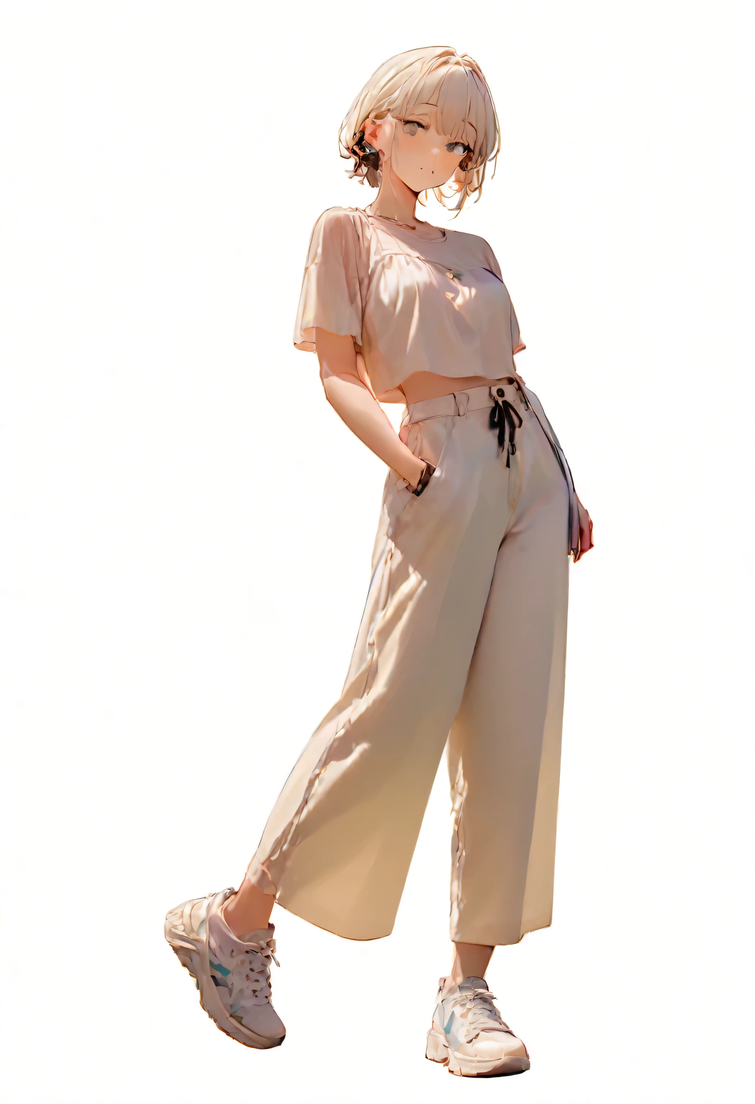 (Masterpiece, Best picture quality: 1.2, 8K), center, full body, 20s, one adult girl, cool fashion, casual wide pants, simple sneakers, simple background, white background, open eyes, delicate eyes, beautiful eyes, summery, black