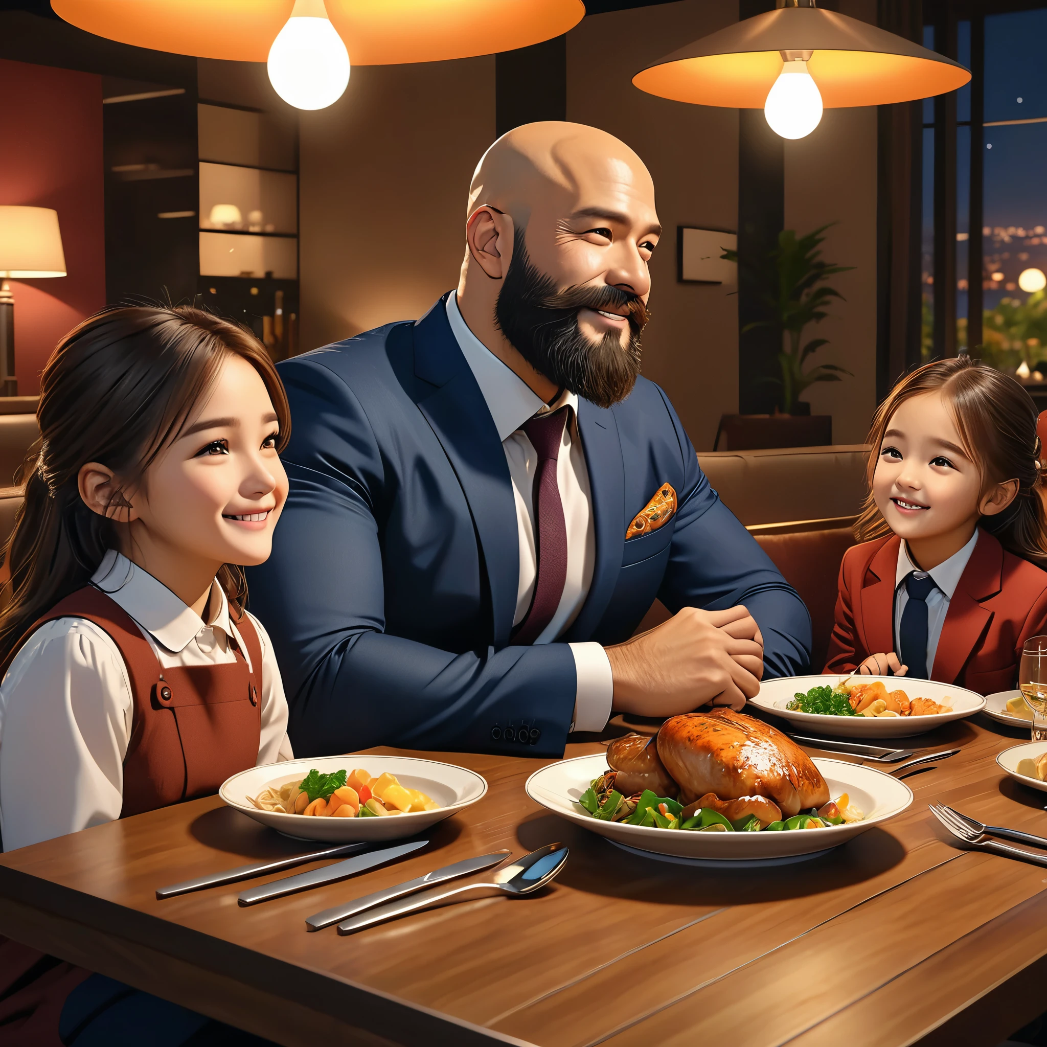 drawing of a man sleeping with a content expression next to his wife, extremely detailed faces, subject is bald with a beard, ultra-detailed, (best quality,4k,8k,highres,masterpiece:1.2), HDR, UHD, studio lighting, vivid colors, warm color tones
