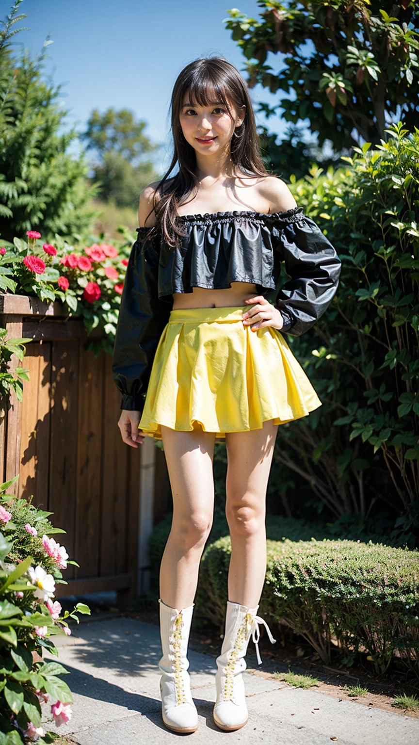 (8k、RAW Photos、Highest quality、masterpiece:1.2)、(Highest quality、Realistic)、1 Girl、((Frills、Yellow tube top、mini skirt、leather、Off the shoulder、Idol Costume、ribbon、See-through、Thin legs、whole body、boots、garden、View from the front、Looking into the camera、Stand with hands on hips))、cute