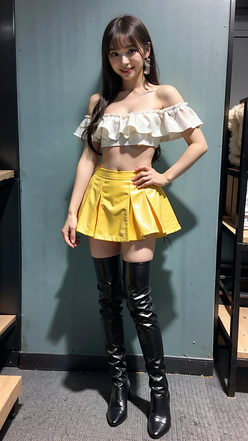 (8k、RAW Photos、Highest quality、masterpiece:1.2)、(Highest quality、Realistic)、1 Girl、((Frills、Yellow tube top、mini skirt、leather、Off the shoulder、Idol Costume、ribbon、See-through、Thin legs、whole body、boots、garden、View from the front、Looking into the camera、Stand with hands on hips))、cute