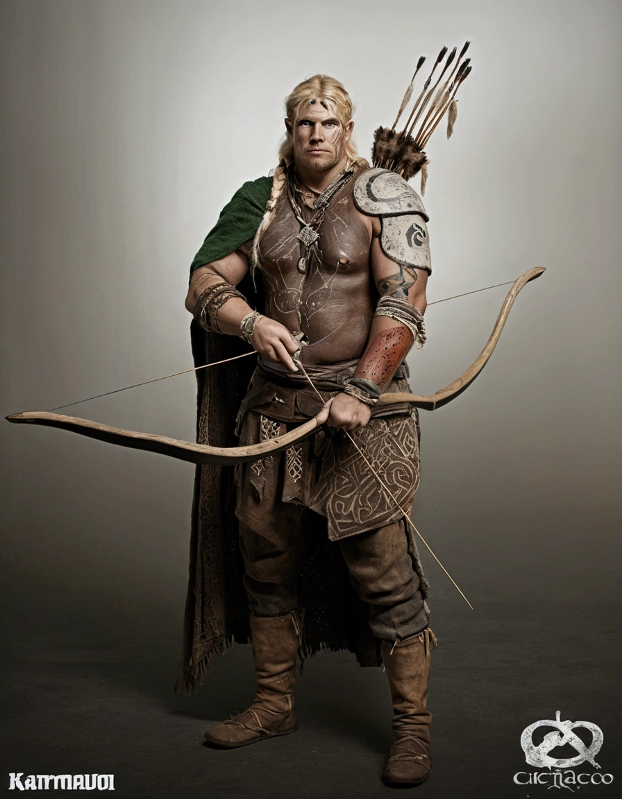 blond primitive archer with painted face, wearing animal skin rags and rustic clothing that was poorly sewn and poorly finished, with one arm uncovered and with Celtic tattoos: ultra realistic and detailed
