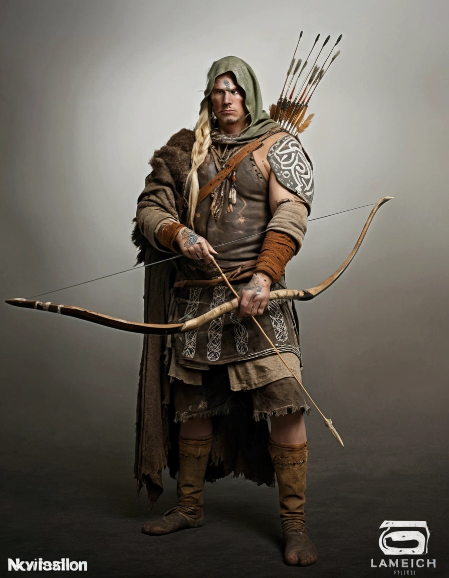 blond primitive archer with painted face, wearing animal skin rags and rustic clothing that was poorly sewn and poorly finished, with one arm uncovered and with Celtic tattoos: ultra realistic and detailed