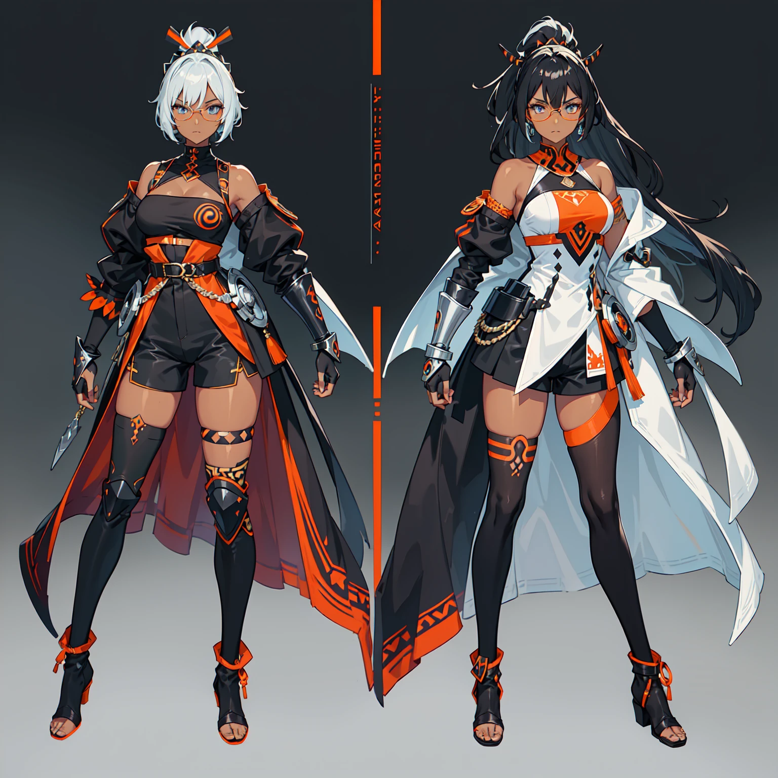 (((One character))), Female, (((Dark Skin)))), Black Hair with Ponytail, Light Blue Eyes, Round Glasses with a Little Dark Lens with this Lens being Orange, and the Light Blue Color frame, (((Black Metallic Gauntlets and Greaves with Orange and Silver Highlights)), (((The Clothes Have a Mix of Modern and Tribal)))), Having Mostly Black Color, but having Orange Parts, Shoulders on Display, On the Hip a Shorts extending to Half of the Thigh of black color.