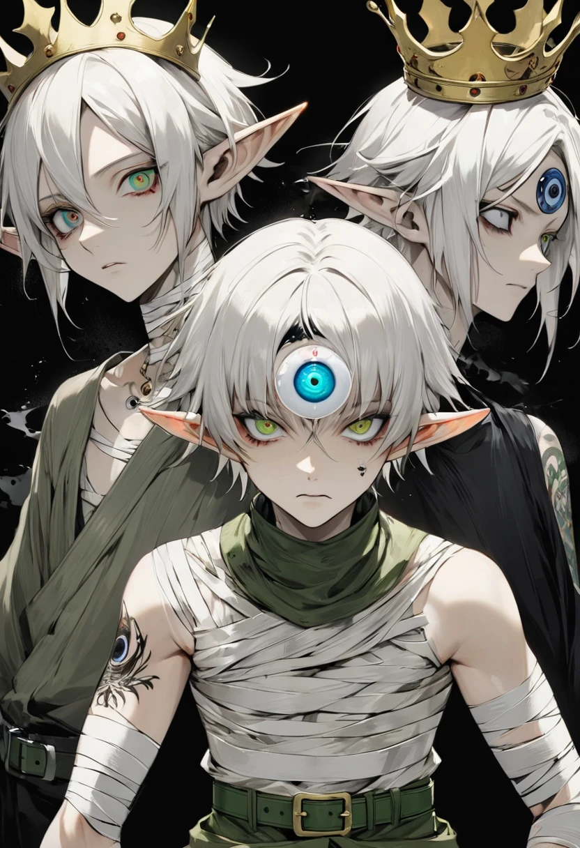 Japanese Anime,Second Dimension,Horror style,horror character,(((Three-eyed boy,独奏,third eye on the forehead 逼真,Dark eyeshadow,White short hair,Elf ears,Exaggerated golden crown-eyeball decoration))),(((Wrapped in bandages))).(((Thin waist,Green belt:1.6))).(style of santiago caruso,Tattoo on the neck),Ink smudged black background blur