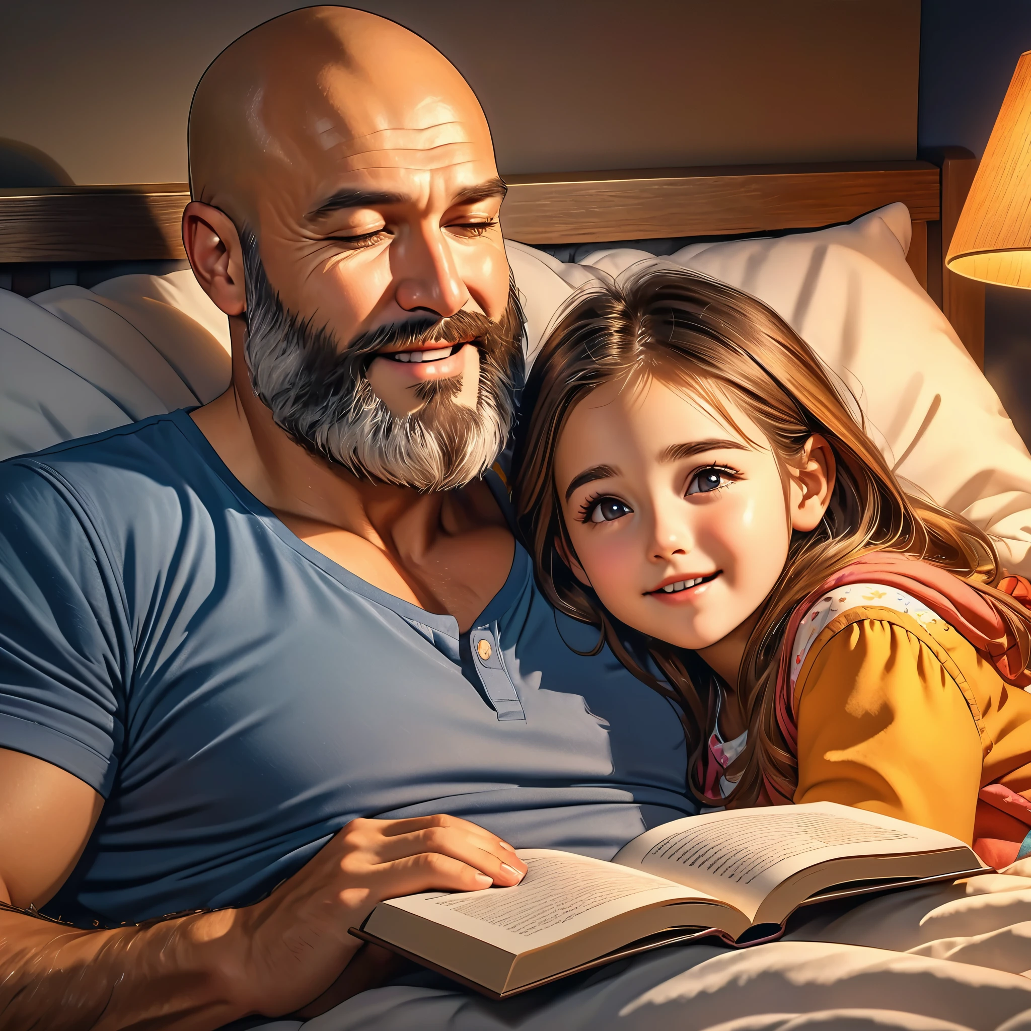 drawing of a man sleeping with a content expression next to his wife, extremely detailed faces, subject is bald with a beard, ultra-detailed, (best quality,4k,8k,highres,masterpiece:1.2), HDR, UHD, studio lighting, vivid colors, warm color tones
