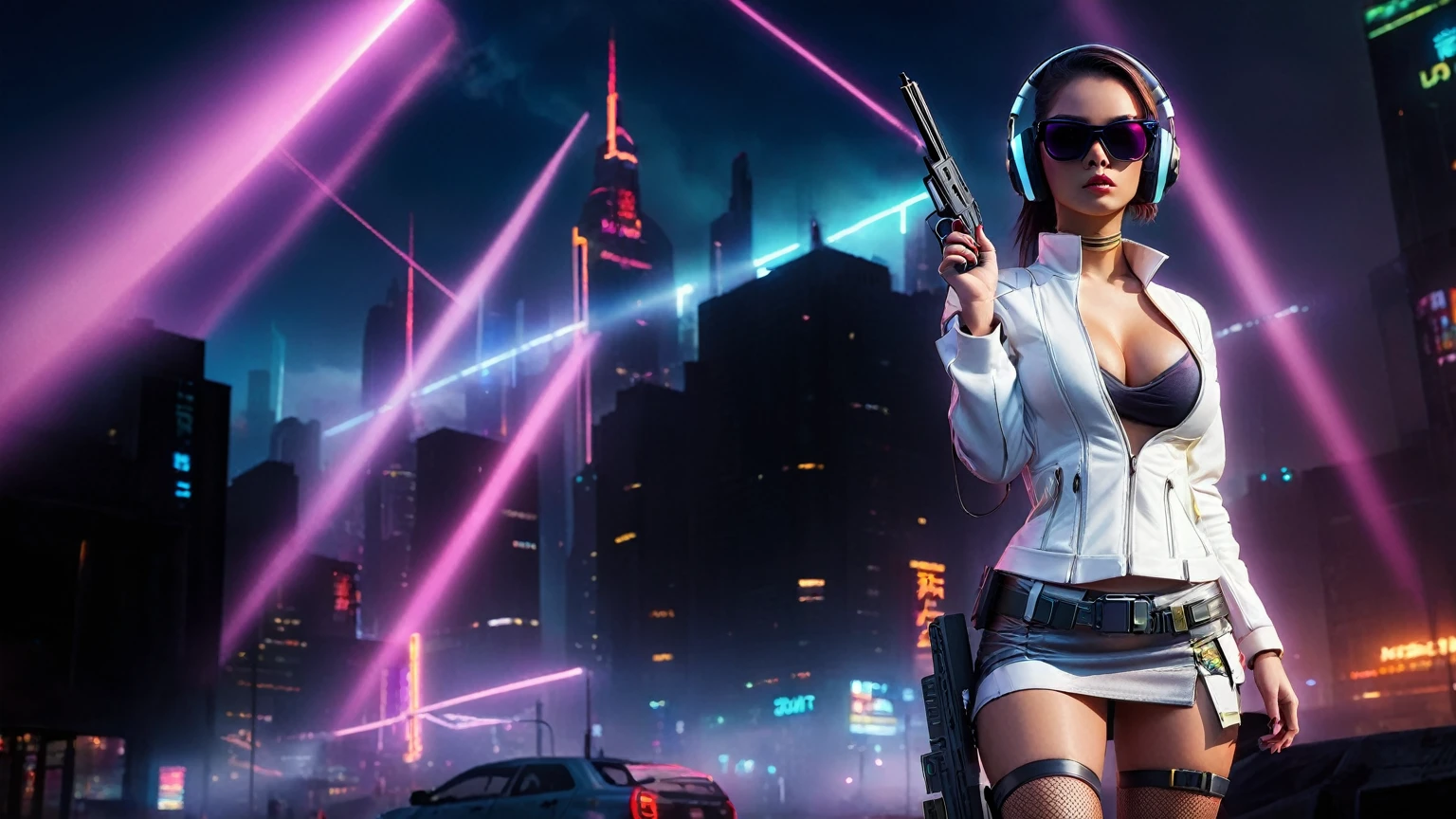 dark futuristic landscape, at night, neon lights, Atmospheric fog, large buildings in the background, futuristic city, streets with open shops, skyscraper (postapocalyptic city:1.3). (((1girl, solo, alone))), large-breast:1.2 slim body, cleavage:1.1, sexy miniskirt, (((headphone, black sunglasses, standing and holding pistol pose))), (((half-body thigh level medium shot))), cinematic lighting, lens flare, ray tracing.