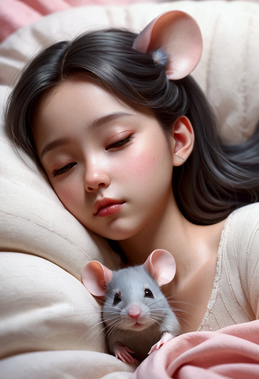 Beautiful with dreamy eyes, Mouse or rat, Cute Girls, Volumetric Light, Ultra-realistic, Intricate details, shape, Painting, watercolor, Cute Chibi, Sleeping, ah!, Shallow depth of field, Pastel Color Palette, Soft lighting, Minimum, Modern, Digital Painting, Lois Van Belle、Ross Tran、Art by artgerm, Artstation HQのトレンド, Very detailed，sleep，Are sleeping