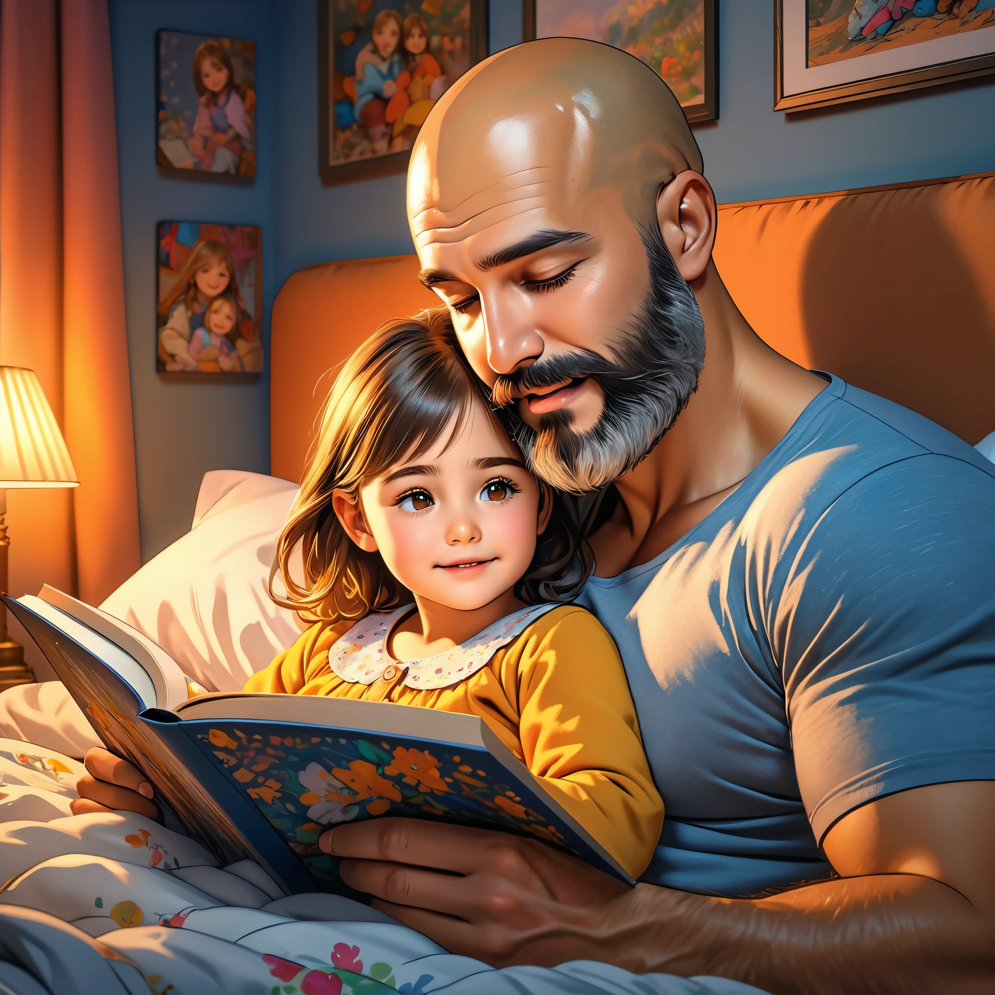 drawing of a man sleeping with a content expression next to his wife, extremely detailed faces, subject is bald with a beard, ultra-detailed, (best quality,4k,8k,highres,masterpiece:1.2), HDR, UHD, studio lighting, vivid colors, warm color tones
