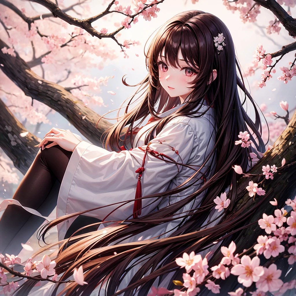 Bautiful woman, wearing a Korean , long brown hair, pale white skin, beautiful eyes, giving a view of falling cherry blossom leaves and the tree, 8k resolution