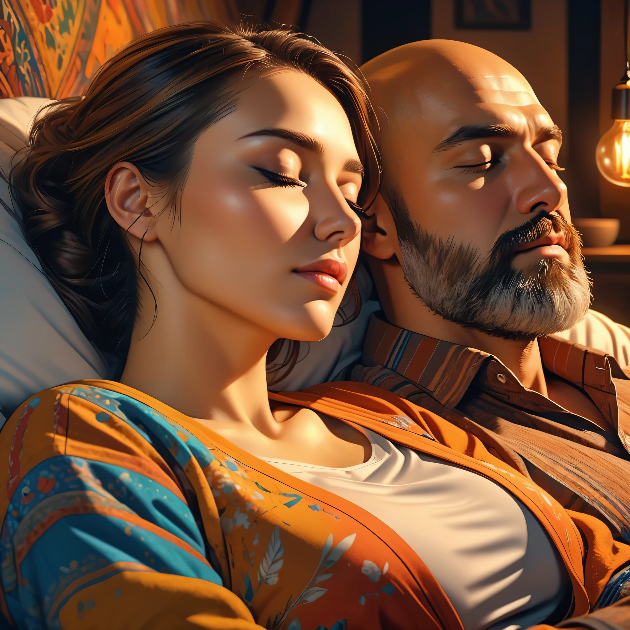 drawing of a man sleeping with a content expression next to his wife, extremely detailed faces, subject is bald with a beard, ultra-detailed, (best quality,4k,8k,highres,masterpiece:1.2), HDR, UHD, studio lighting, vivid colors, warm color tones
