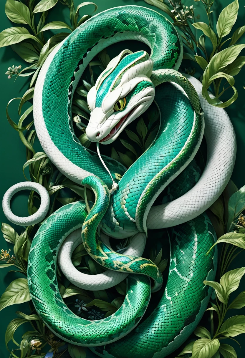 mechanical snakes,realisitic,Anthropomorphic snakes,Character Configuration,Ultra-detailed graphics,精致的面容,8k,cover of a magazine,Floral background decoration,strong color contrast,darker color,cerulean, green and white
