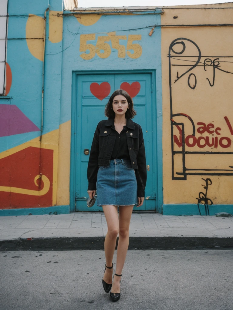 her name is Amelie, high quality, 1girl, ((25-year-old fit Caucasian woman)), ((25 years old)), ((SLIM)), ((Micro Bob dark hair)), pose: standing, wearing Popular Generation-Z modern wear elegant colored, BACKGROUND: "In the colorful neighborhood of La Boca, with its vibrant street art and lively tango performances."