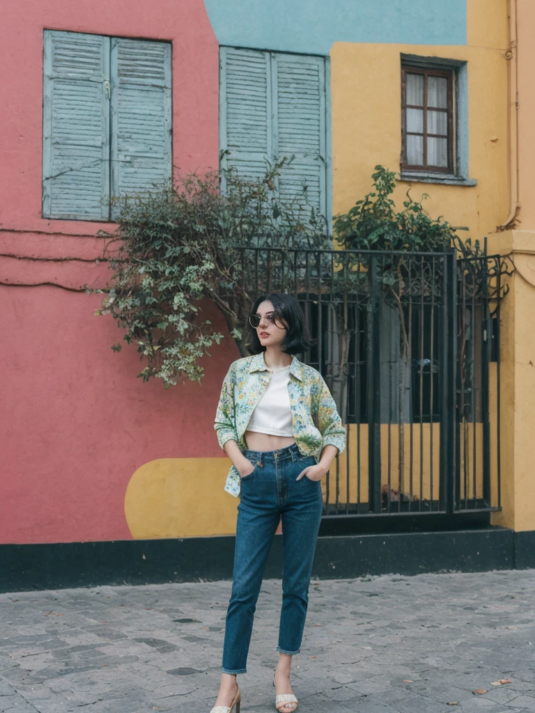 her name is Amelie, high quality, 1girl, ((25-year-old fit Caucasian woman)), ((25 years old)), ((SLIM)), ((Micro Bob dark hair)), pose: standing, wearing Popular Generation-Z modern wear elegant colored, BACKGROUND: "In the colorful neighborhood of La Boca, with its vibrant street art and lively tango performances."