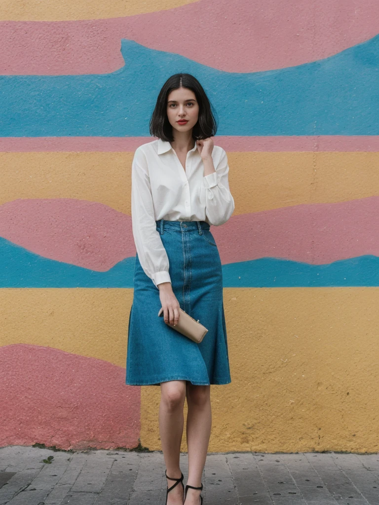 her name is Amelie, high quality, 1girl, ((25-year-old fit Caucasian woman)), ((25 years old)), ((SLIM)), ((Micro Bob dark hair)), pose: standing, wearing Popular Generation-Z modern wear elegant colored, BACKGROUND: "In the colorful neighborhood of La Boca, with its vibrant street art and lively tango performances."