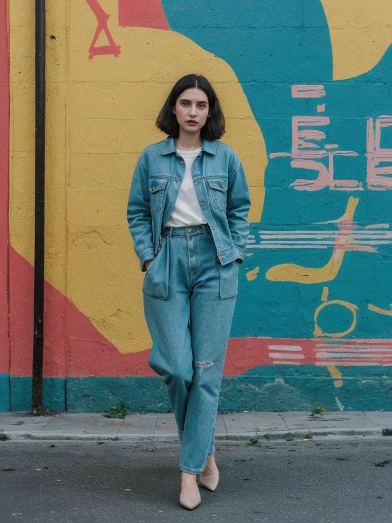 her name is Amelie, high quality, 1girl, ((25-year-old fit Caucasian woman)), ((25 years old)), ((SLIM)), ((Micro Bob dark hair)), pose: standing, wearing Popular Generation-Z modern wear elegant colored, BACKGROUND:  "In the colorful neighborhood of La Boca, with its vibrant street art and lively tango performances."