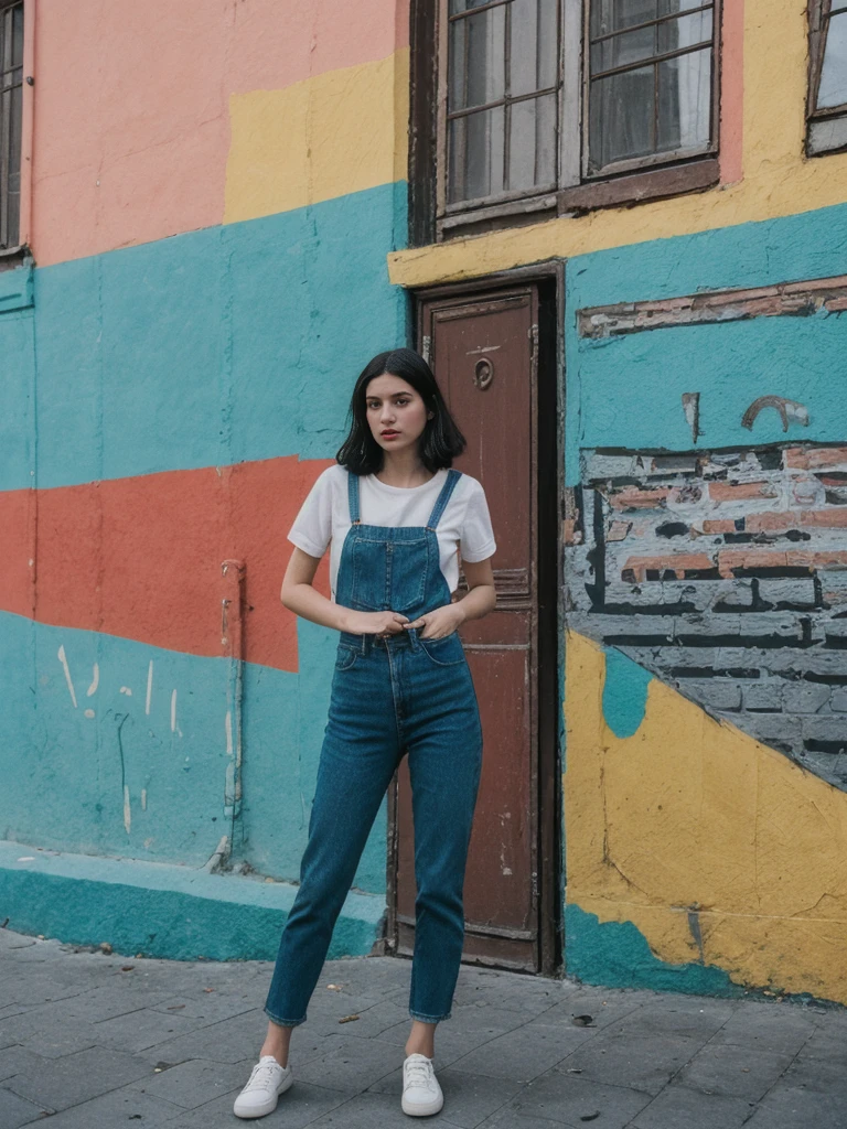 her name is Amelie, high quality, 1girl, ((25-year-old fit Caucasian woman)), ((25 years old)), ((SLIM)), ((Micro Bob dark hair)), pose: standing, wearing Popular Generation-Z modern wear elegant colored, BACKGROUND: "In the colorful neighborhood of La Boca, with its vibrant street art and lively tango performances."