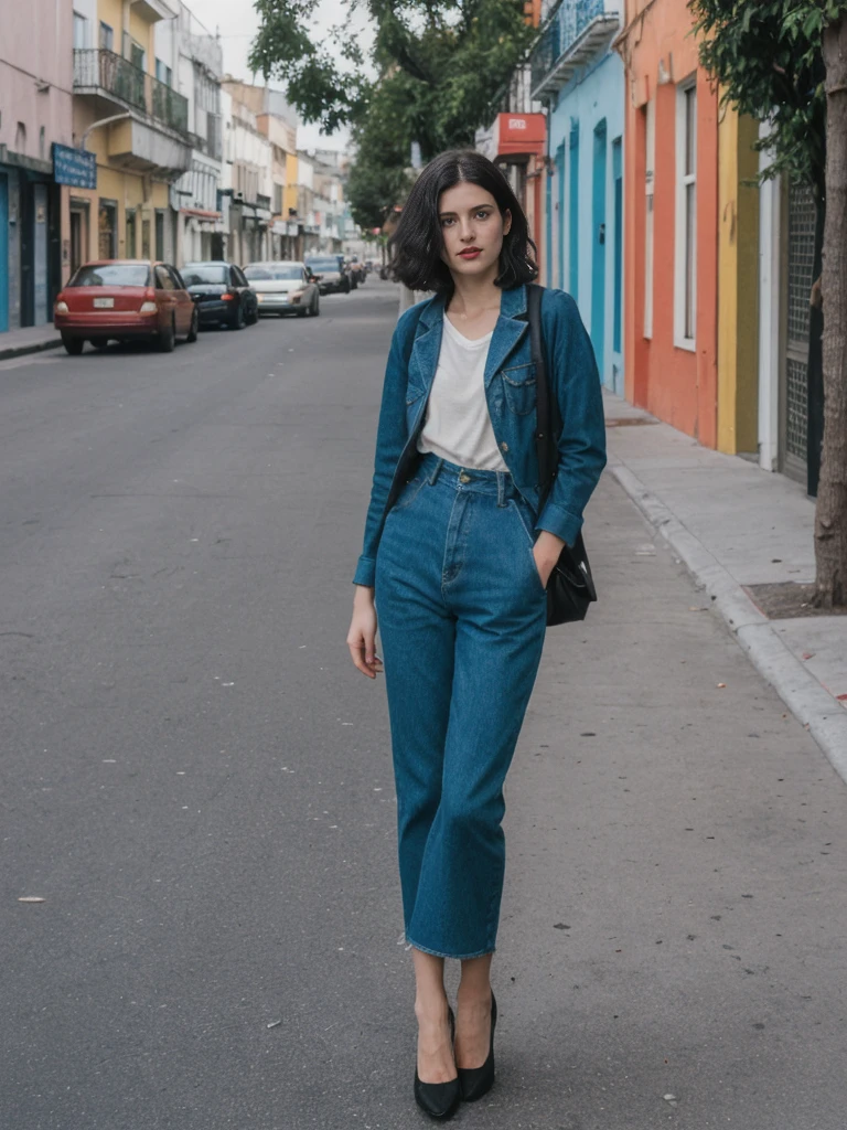 her name is Amelie, high quality, 1girl, ((25-year-old fit Caucasian woman)), ((25 years old)), ((SLIM)), ((Micro Bob dark hair)), pose: standing, wearing Popular Generation-Z modern wear elegant colored, BACKGROUND: "In the colorful neighborhood of La Boca, with its vibrant street art and lively tango performances."