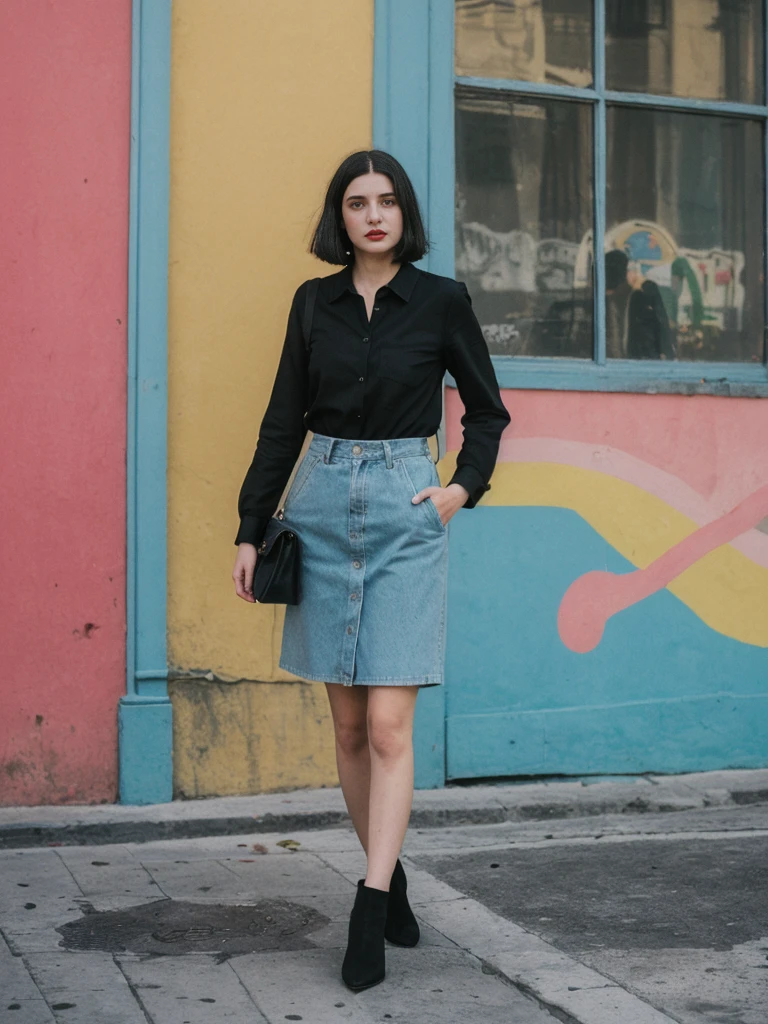 her name is Amelie, high quality, 1girl, ((25-year-old fit Caucasian woman)), ((25 years old)), ((SLIM)), ((Micro Bob dark hair)), pose: standing, wearing Popular Generation-Z modern wear elegant colored, BACKGROUND:  "In the colorful neighborhood of La Boca, with its vibrant street art and lively tango performances."