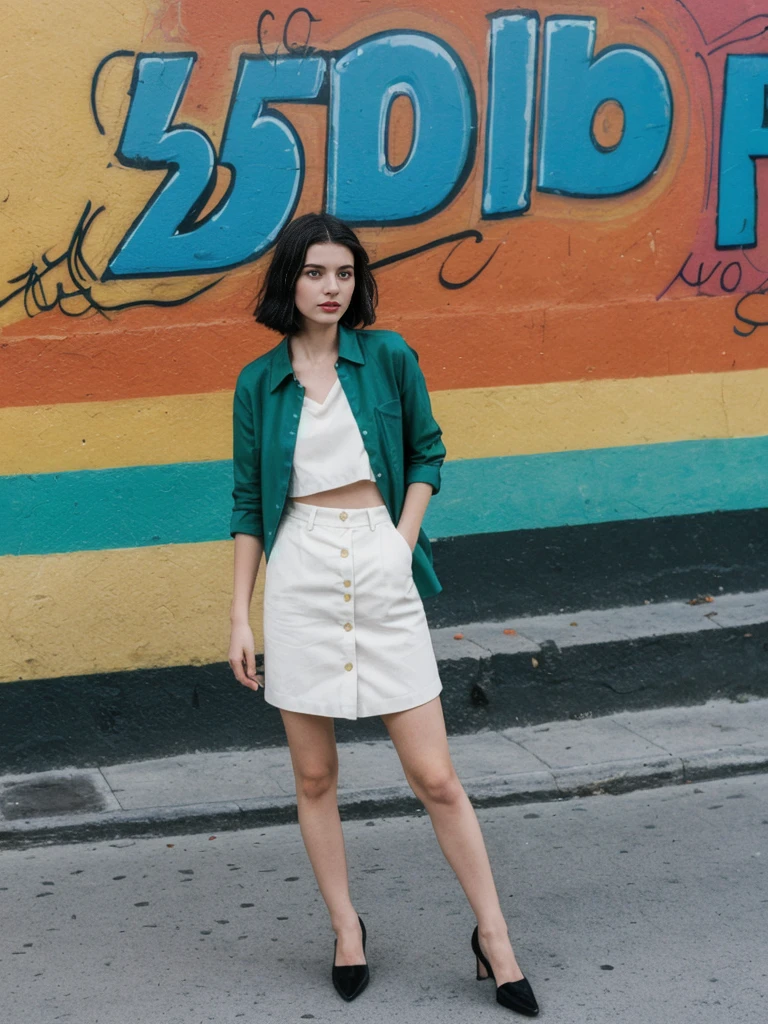 her name is Amelie, high quality, 1girl, ((25-year-old fit Caucasian woman)), ((25 years old)), ((SLIM)), ((Micro Bob dark hair)), pose: standing, wearing Popular Generation-Z modern wear elegant colored, BACKGROUND: "In the colorful neighborhood of La Boca, with its vibrant street art and lively tango performances."