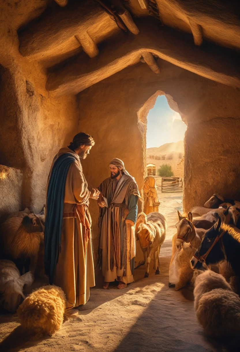 A Biblical Scene, the inside of a stable, Mary and Joseph, manger, burros, sheep, Vee, shine light, heavenly rays, ornate architecture, detailed stone walls, straw, Full, religious imagery, spiritual atmosphere, dramatic lighting, warm color palette