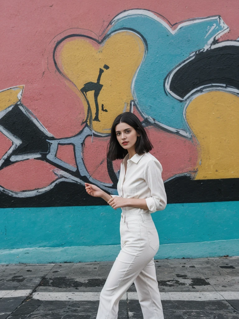her name is Amelie, high quality, 1girl, ((25-year-old fit Caucasian woman)), ((25 years old)), ((SLIM)), ((Micro Bob dark hair)), pose: standing, wearing Popular Generation-Z modern wear elegant colored, BACKGROUND: "In the colorful neighborhood of La Boca, with its vibrant street art and lively tango performances."