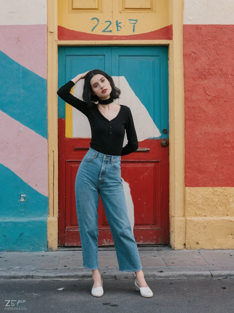 her name is Amelie, high quality, 1girl, ((25-year-old fit Caucasian woman)), ((25 years old)), ((SLIM)), ((Micro Bob dark hair)), pose: standing, wearing Popular Generation-Z modern wear elegant colored, BACKGROUND:  "In the colorful neighborhood of La Boca, with its vibrant street art and lively tango performances."