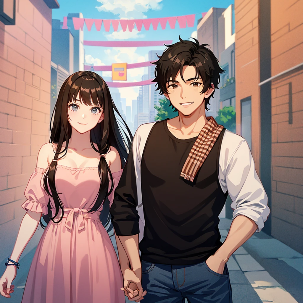 Brown hair and black hair couple smiling man and woman 