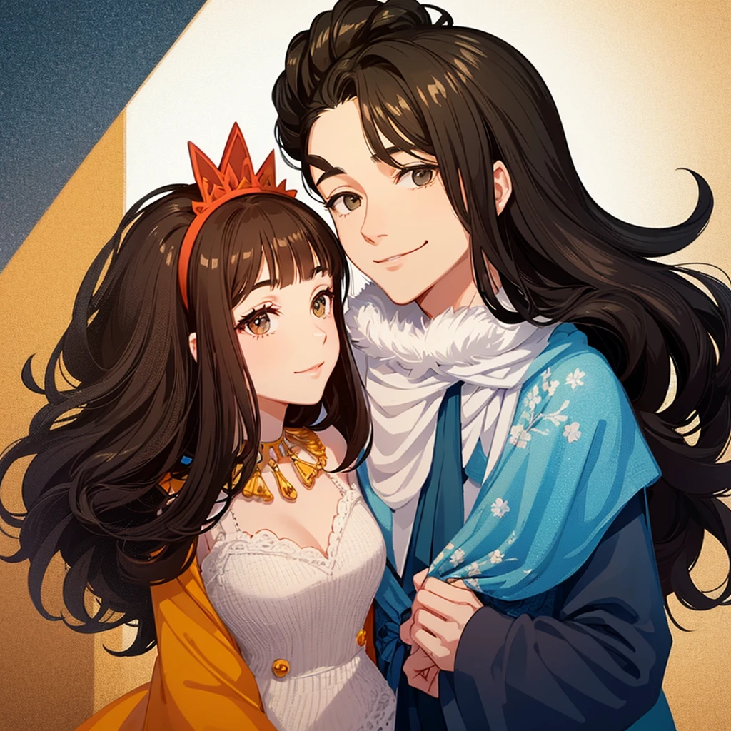 Brown hair and black hair couple smiling man and woman