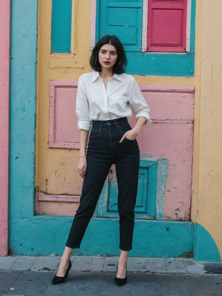 her name is Amelie, high quality, 1girl, ((25-year-old fit Caucasian woman)), ((25 years old)), ((SLIM)), ((Micro Bob dark hair)), pose: standing, wearing Popular Generation-Z modern wear elegant colored, BACKGROUND:  "In the colorful neighborhood of La Boca, with its vibrant street art and lively tango performances."