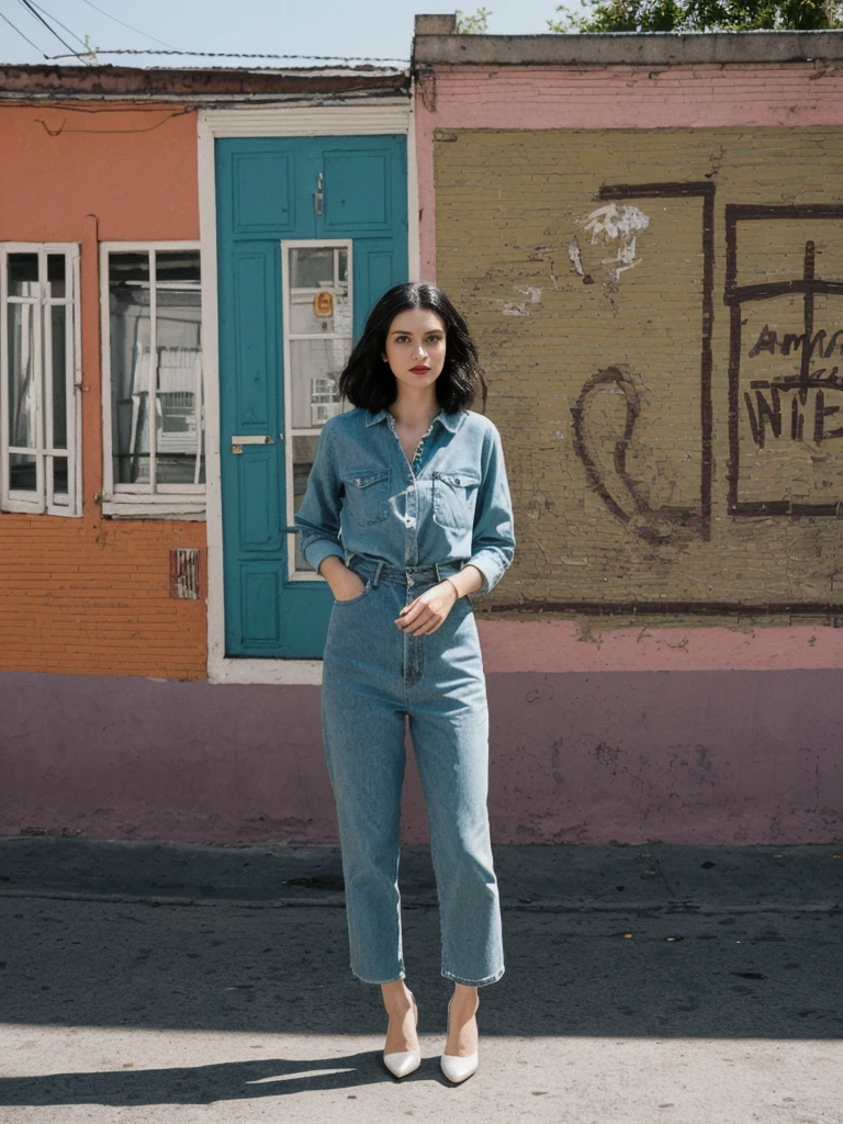 her name is Amelie, high quality, 1girl, ((25-year-old fit Caucasian woman)), ((25 years old)), ((SLIM)), ((Micro Bob dark hair)), pose: standing, wearing Popular Generation-Z modern wear elegant colored, BACKGROUND: "In the colorful neighborhood of La Boca, with its vibrant street art and lively tango performances."